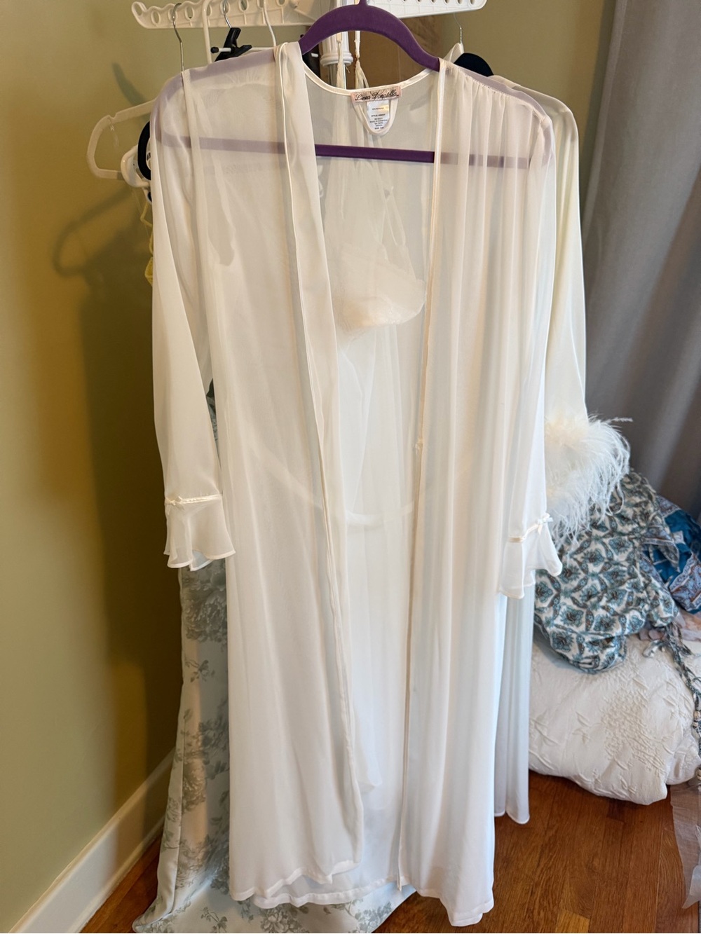 Linea Donatella Sheer White Long Robe with Feather Cuffs